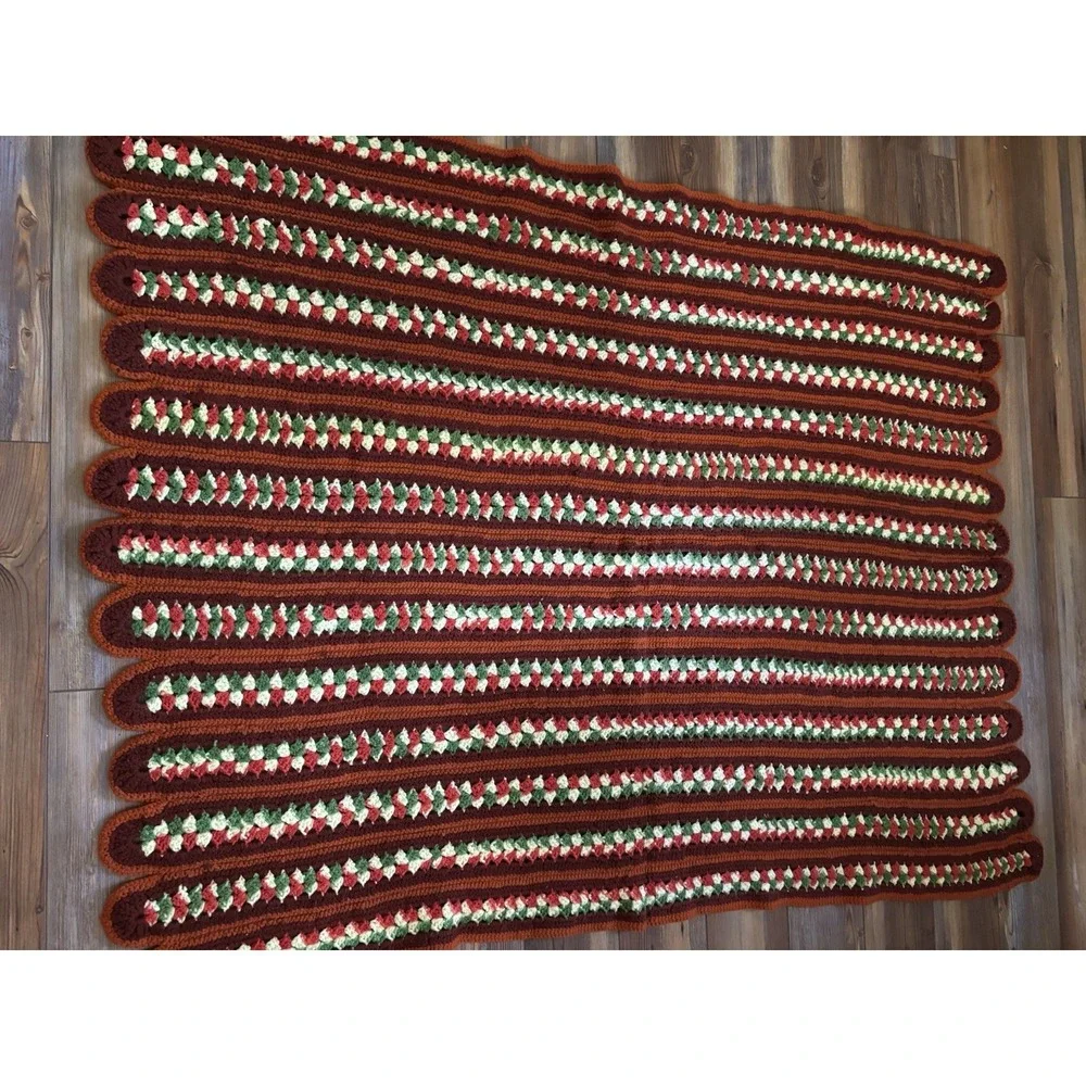 Afghan 70s‎ Throw Blanket Scalloped Rust Red YellowGreen Stripe 60